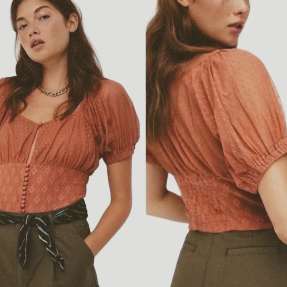 ↠ Free People Rose Rust Button Front Sheer Swiss Dot Puff Sleeve Top - Picture 2 of 8